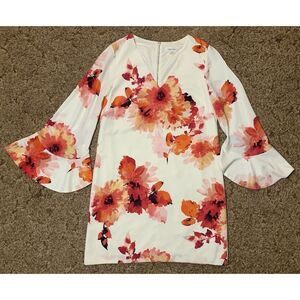 Calvin Klein Dress Womens 10‎ White Floral Shift Short Zipper V-Neck Long Sleeve